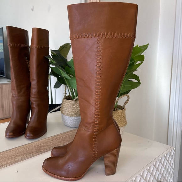 Joie Tall Leather Cognac Exposed Stitch Block Heel Boots - Picture 1 of 12